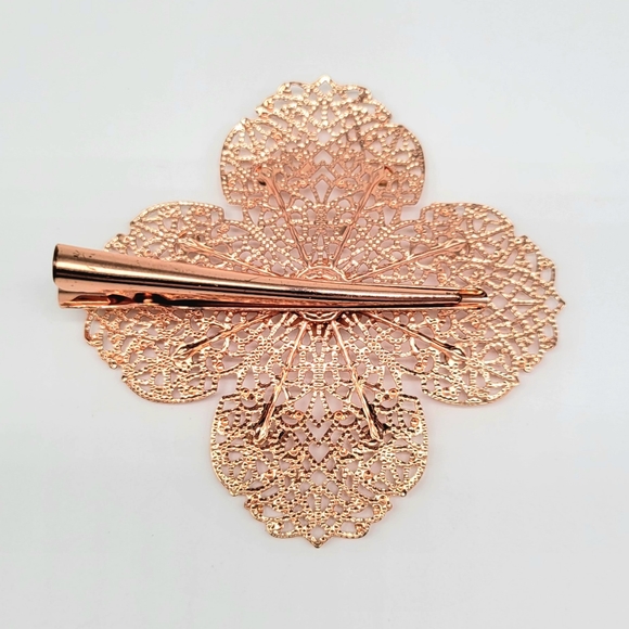 LARGE Rose Gold Metal and Crystal Flower Hair Piece with Alligator Clip - Picture 8 of 8